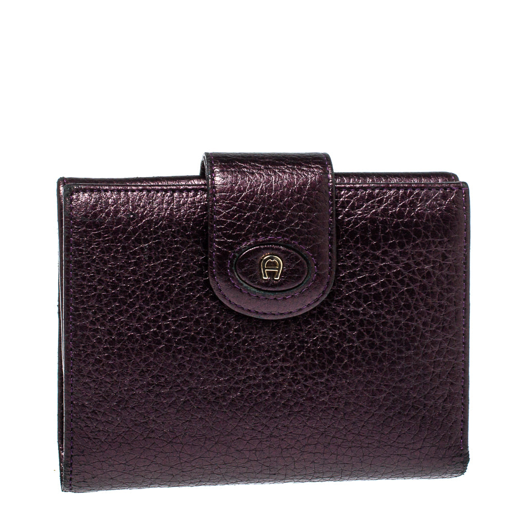 Aigner Metallic Purple Leather Compact Wallet