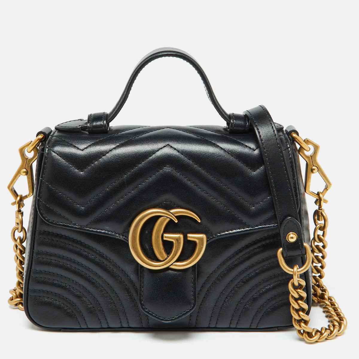 Gucci Black Leather GG Marmont Mini Top Handle Bag
