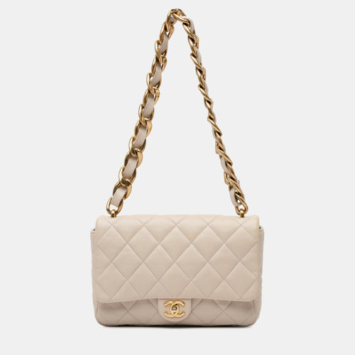 Brown tone Lambskin Leather Large Quilted Funky Town Flap Bag