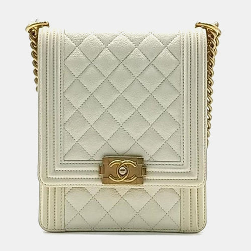 Ivory Caviar Leather North/South Boy Flap Bag