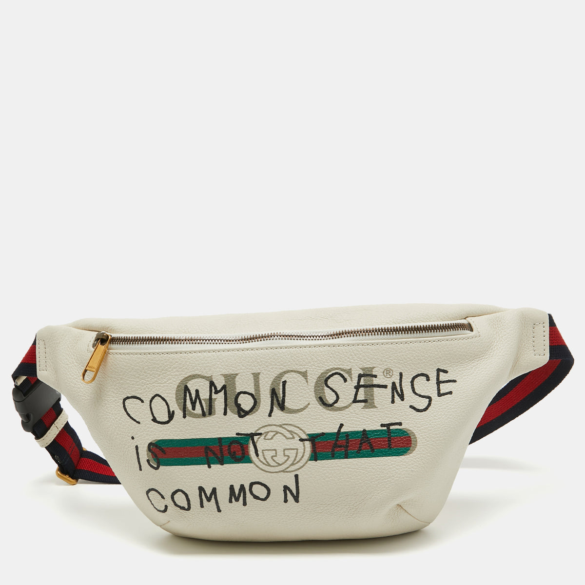 Gucci Cream Pebbled Leather Logo Web Belt Bag