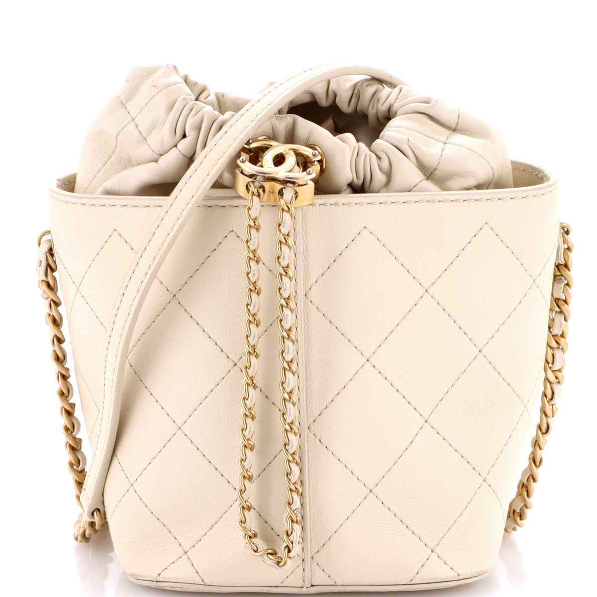 Chanel CHANEL CC Drawstring Bucket Crossbody Bag Stitched Calfskin Medium