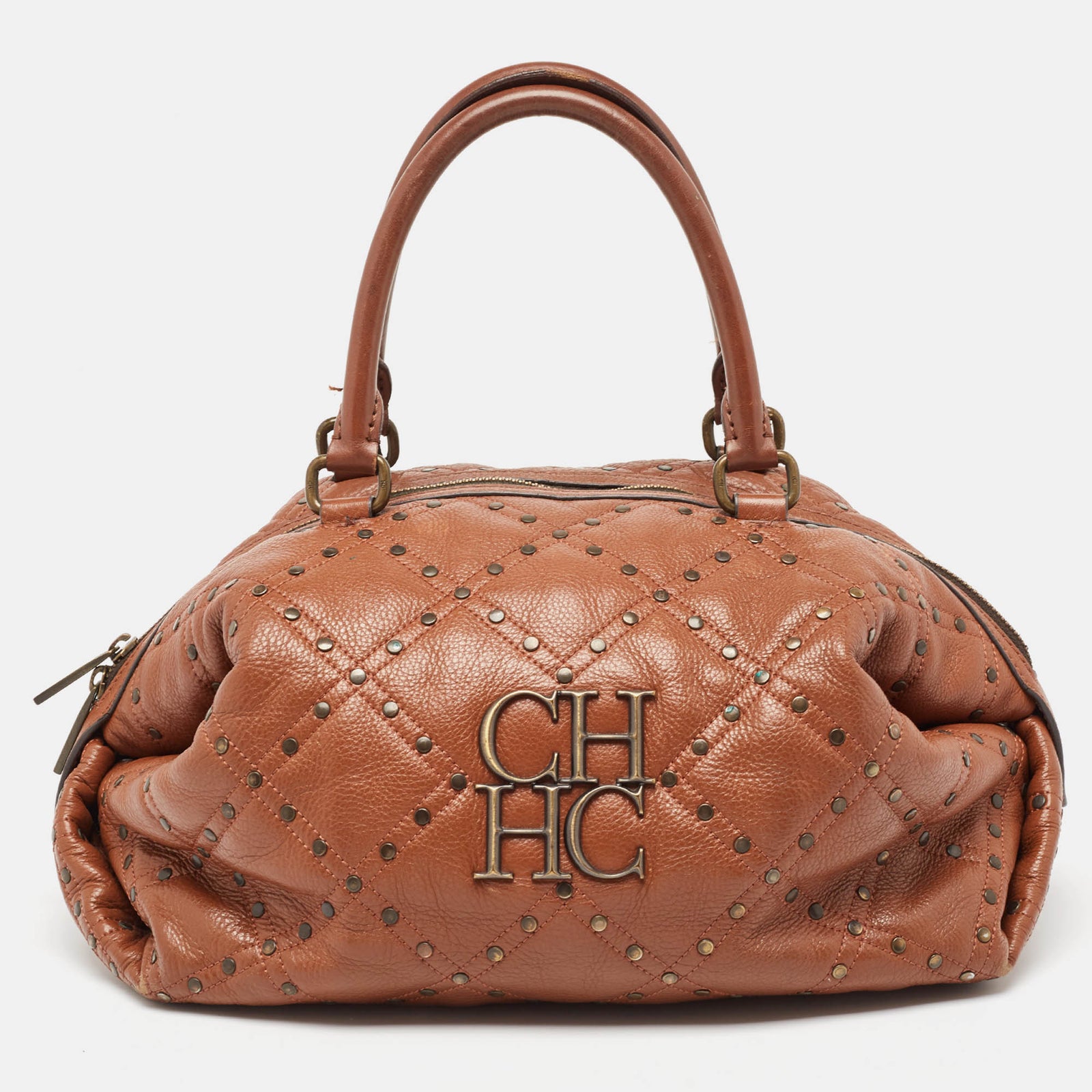 Ch Carolina Herrera Brown Quilted Leather Rivet Satchel