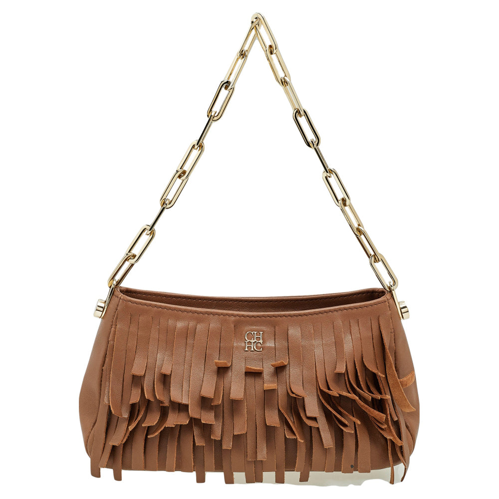 Carolina Herrera Carolina Hererra Brown Leather Fringe Chain Shoulder Bag