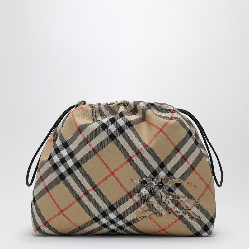 Burberry Men's Drawstring Pouch With Check Pattern in Beige | 8091592158564