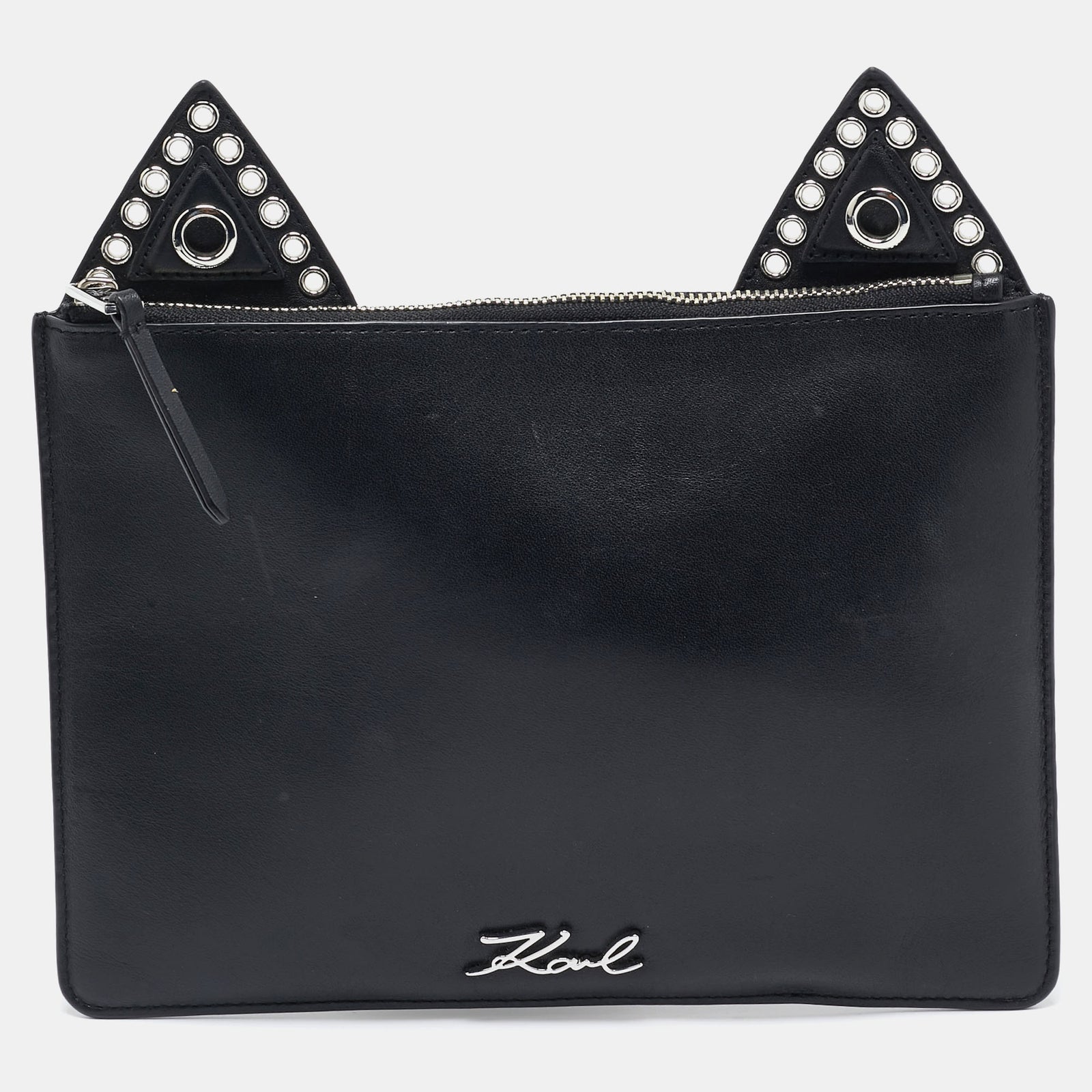 Karl Lagerfeld Black Leather Eyelet Cat Ear Pouch