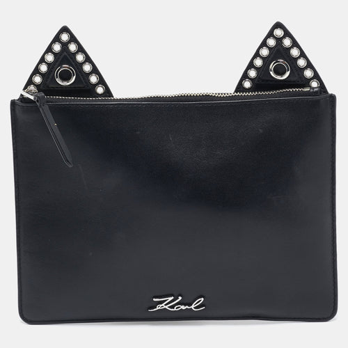 Black Leather Eyelet Cat Ear Pouch