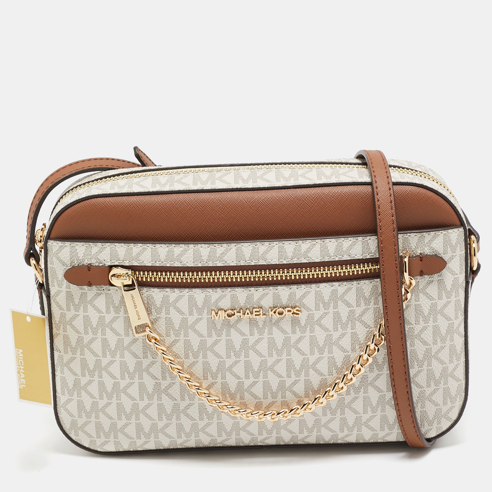 Michael Kors White/Brown Signature Coated Canvas and Leather Jet Set Item Crossbody Bag