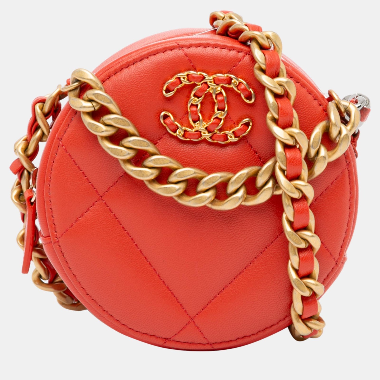 Chanel Runde Clutch 19 aus orangefarbenem Lammleder mit Kette