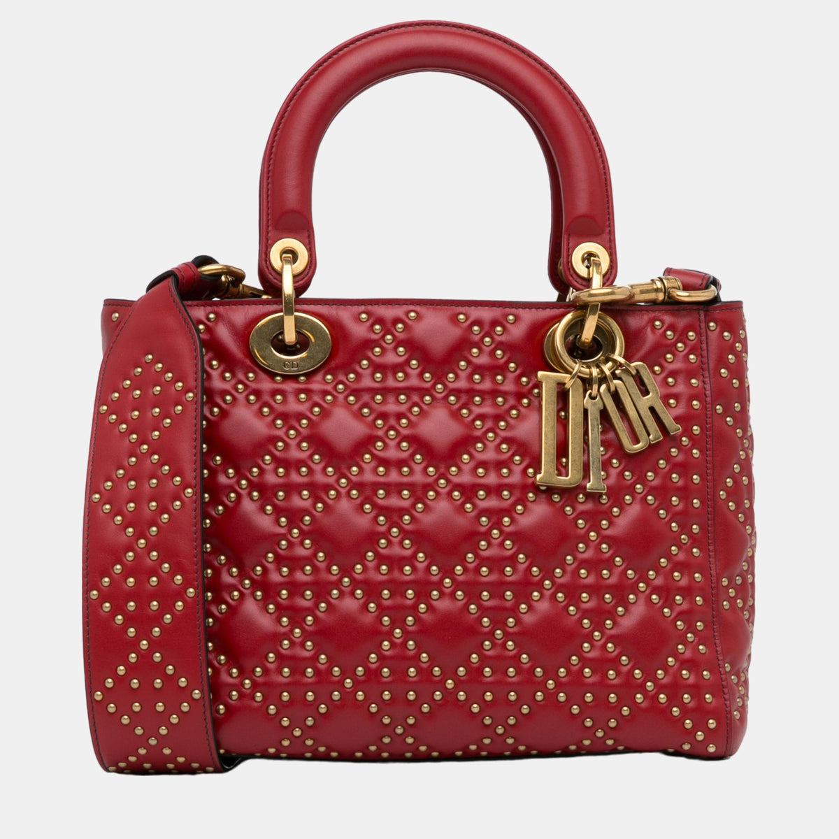 Dior Red Medium Lambskin Cannage Studded Supple Lady Dior