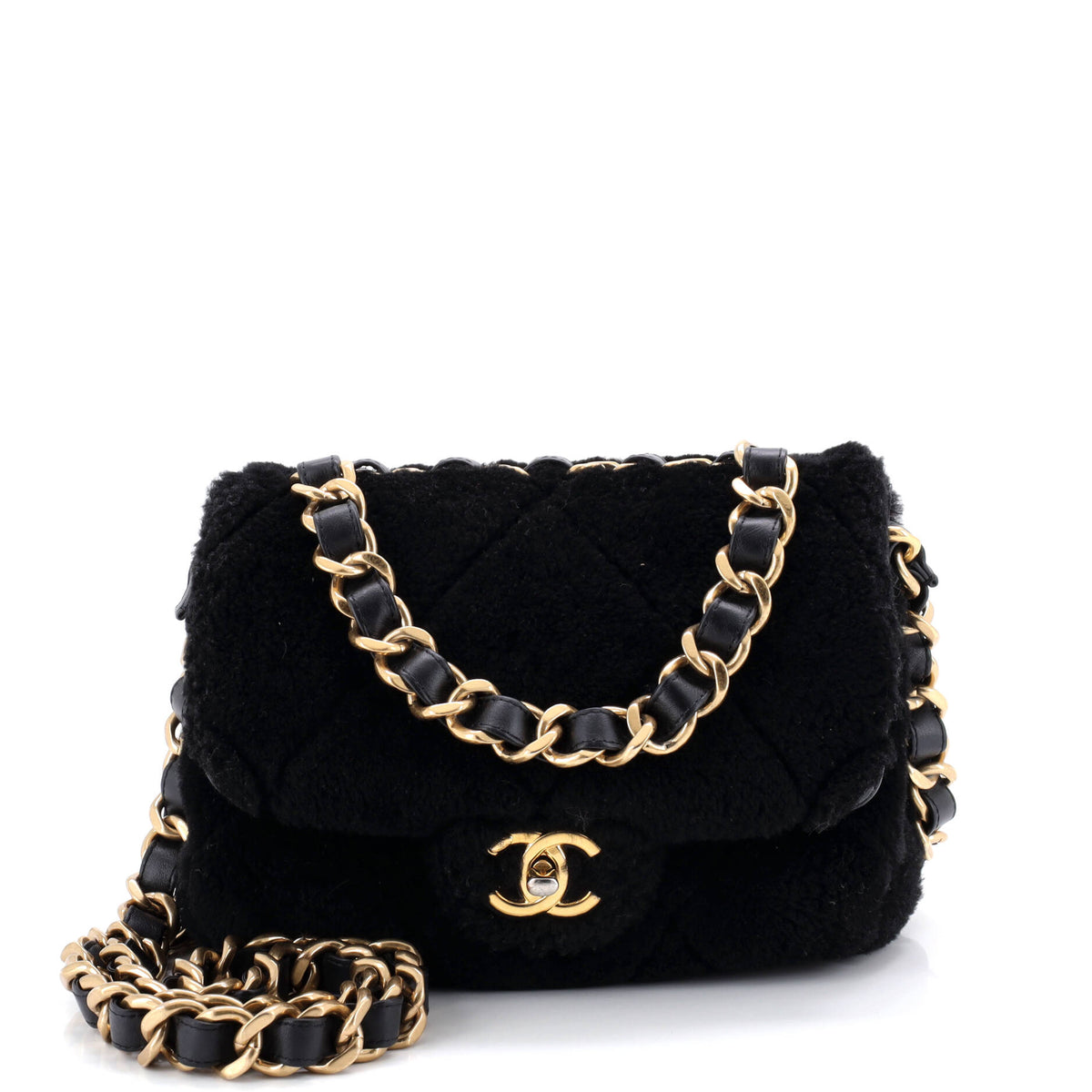 Chanel CHANEL CC Bar Chain Handle Flap Bag Quilted Shearling Small