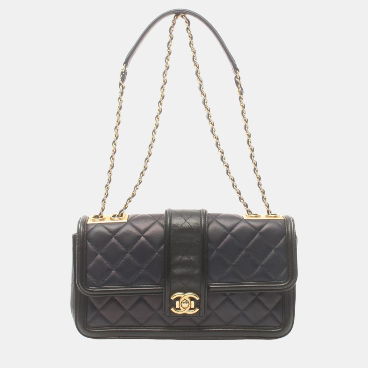 Chanel Navy Black Lambskin Matelasse Shoulder Bag
