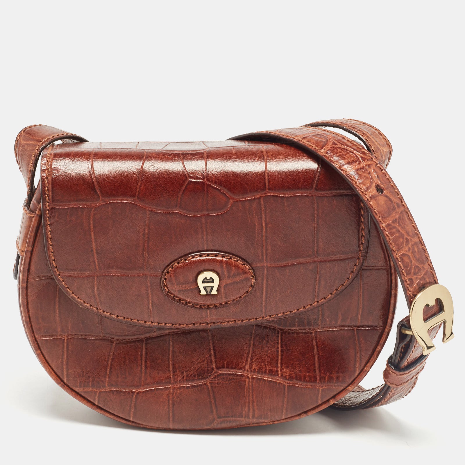 Aigner Dark Brown Croc Embossed Leather Flap Saddle Crossbody Bag