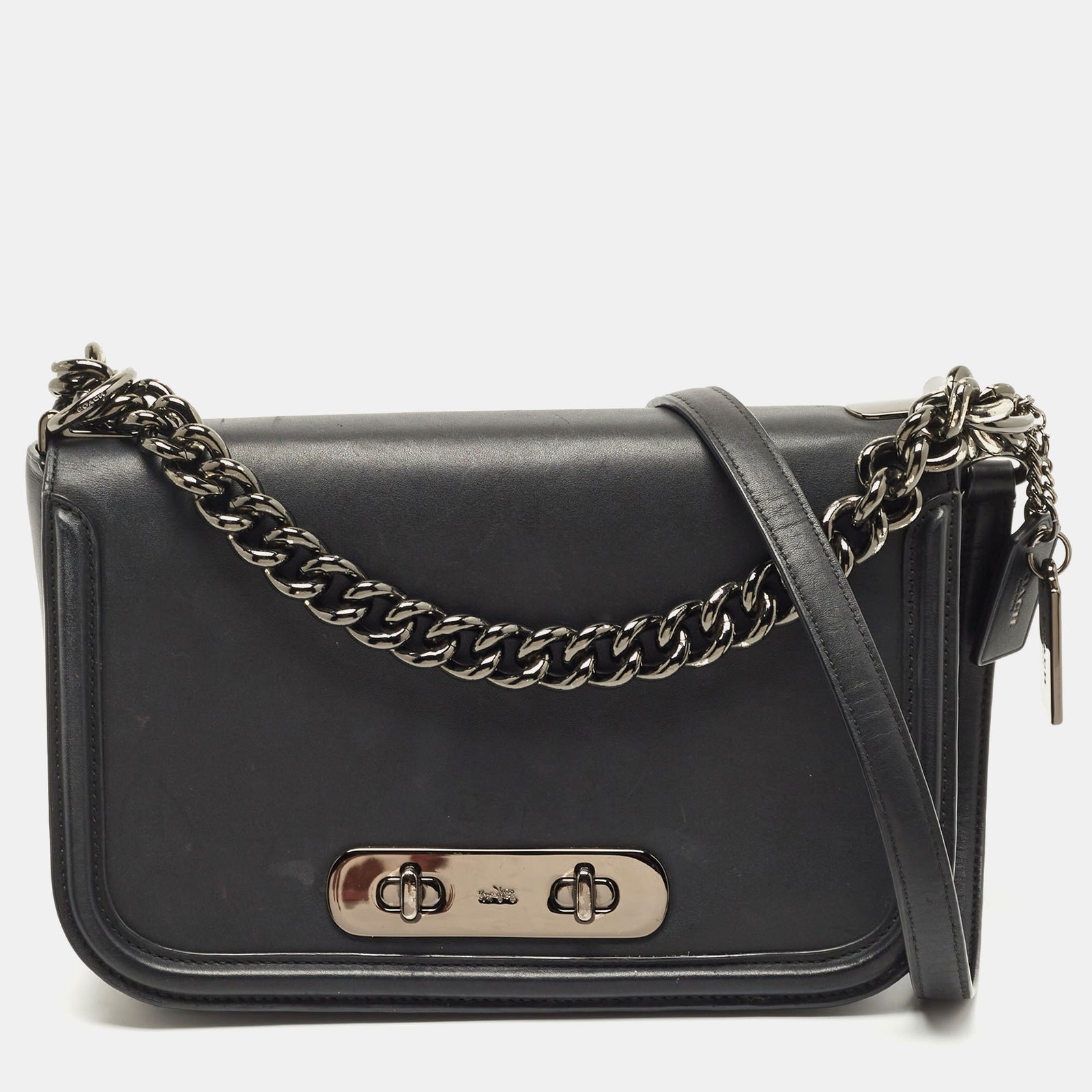 Coach Black Leather Swagger Flap Crossbody Bag