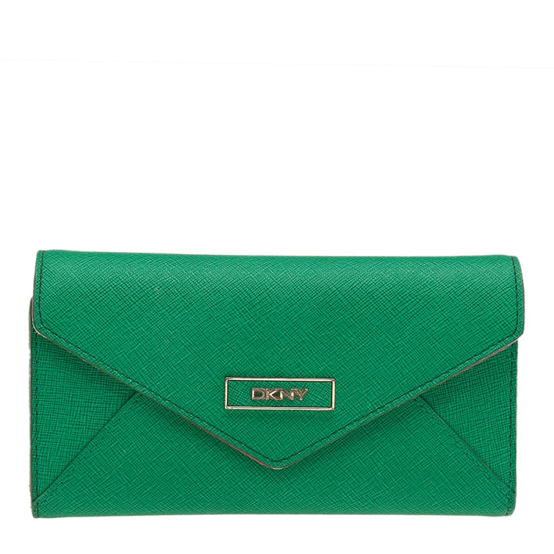 DKNY Portefeuille long à trois volets en cuir vert/rose DKNY