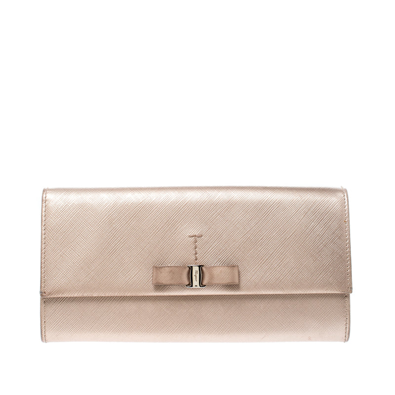 Salvatore Ferragamo Beige Metallic Leather Bow Continental Wallet