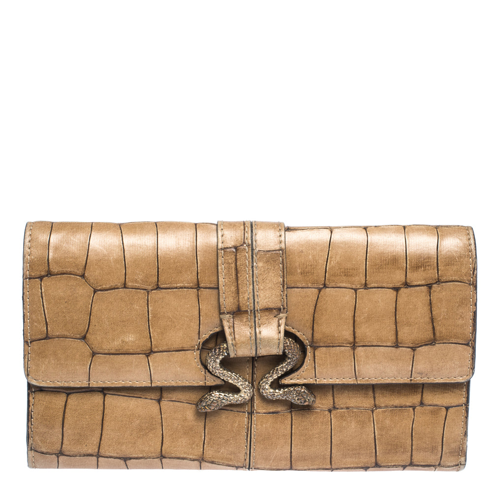 Roberto Cavalli Caramel Brown Crocodile Embossed Leather Double Snake Flap Wallet