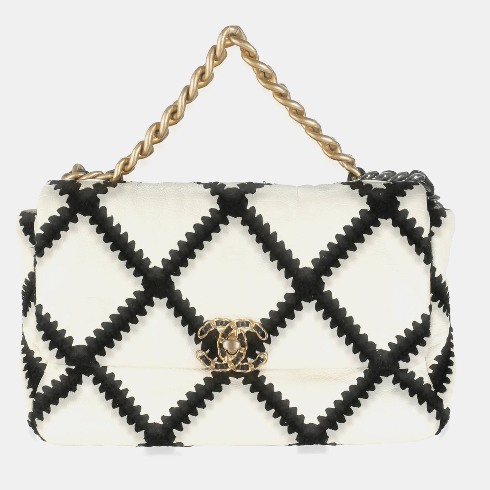 Chanel Black White Calfskin Crochet Medium 19 Flap Bag