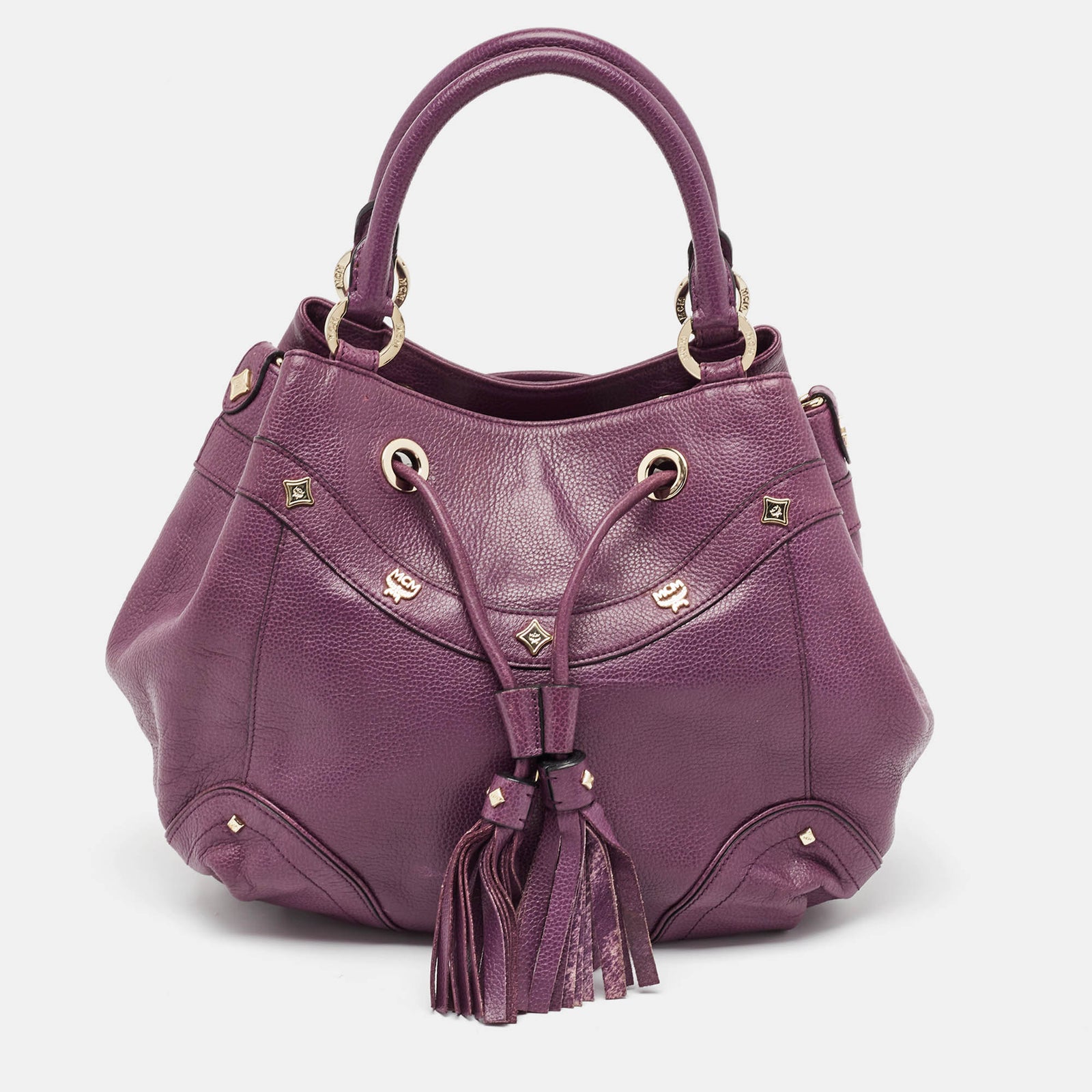 MCM Purple Leather Studded Drawstring Shoulder Bag