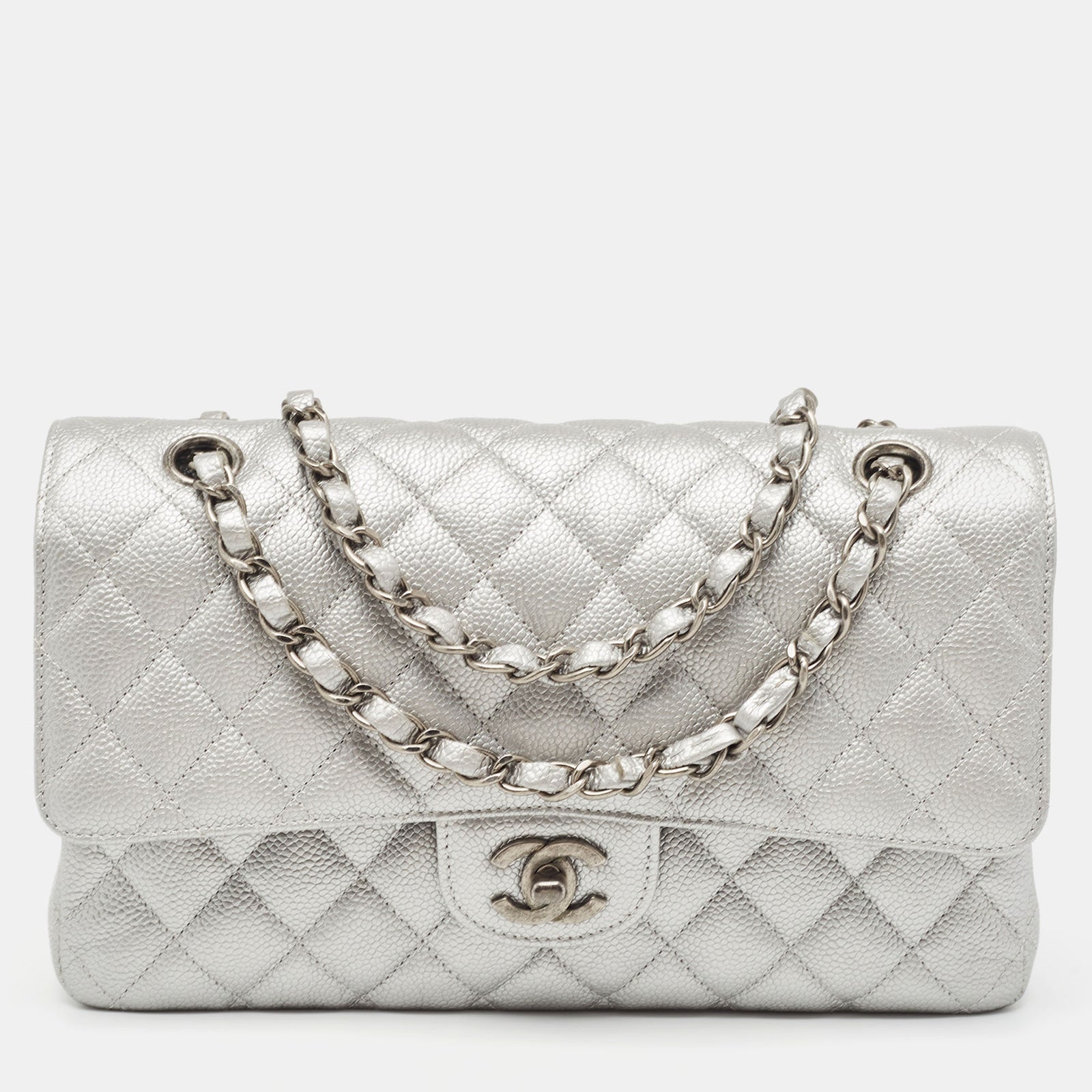 Chanel Silver Quilted Caviar Leather Medium Classic Double Flap Bag