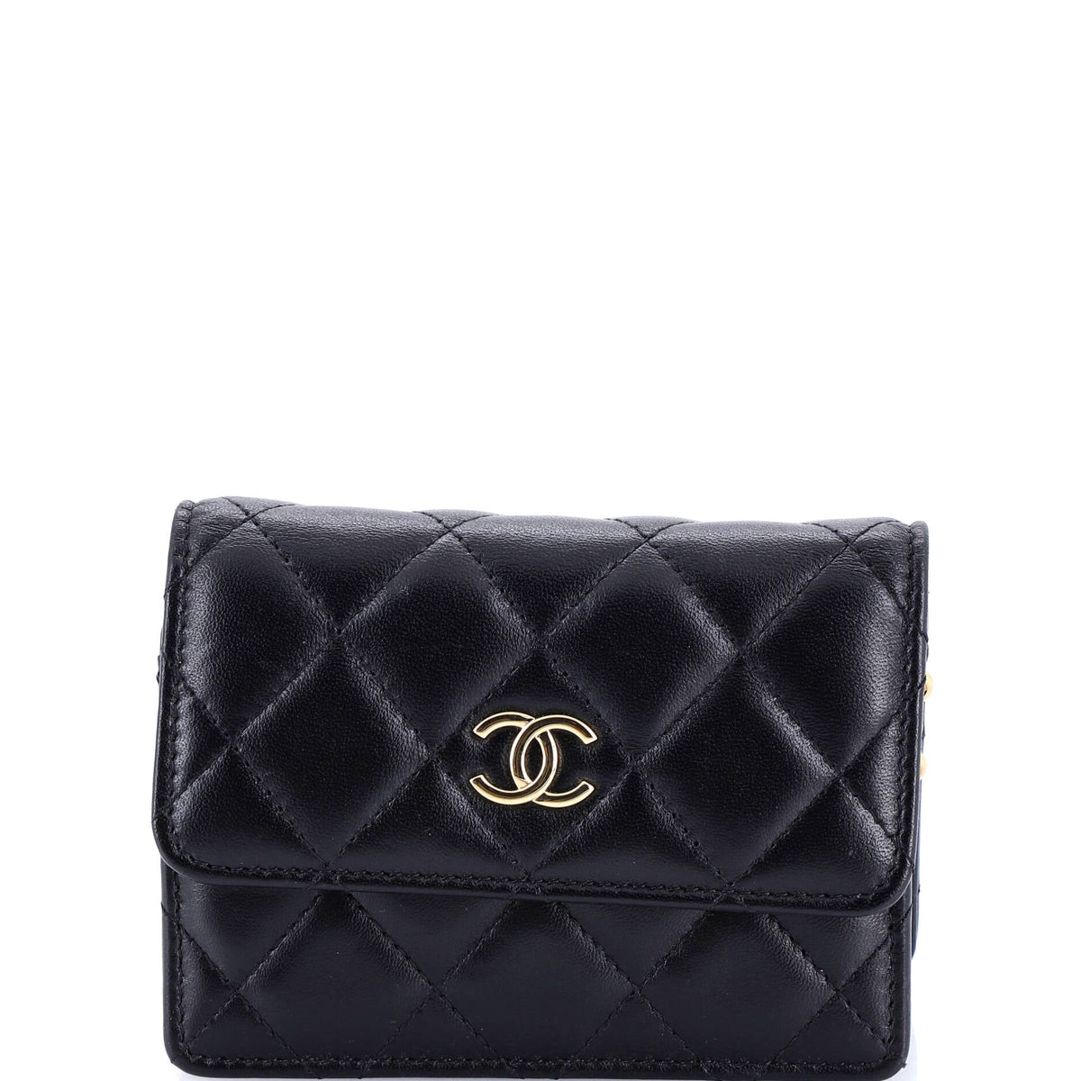 Chanel CHANEL Camellia Bow Flap Card Holder with Chain Quilted Lambskin