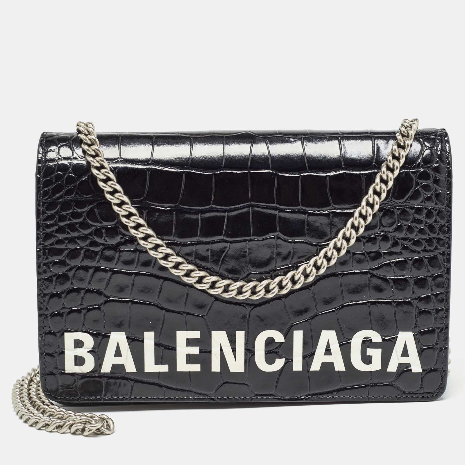 Balenciaga Black Croc Embossed Leather Ville Chain Clutch