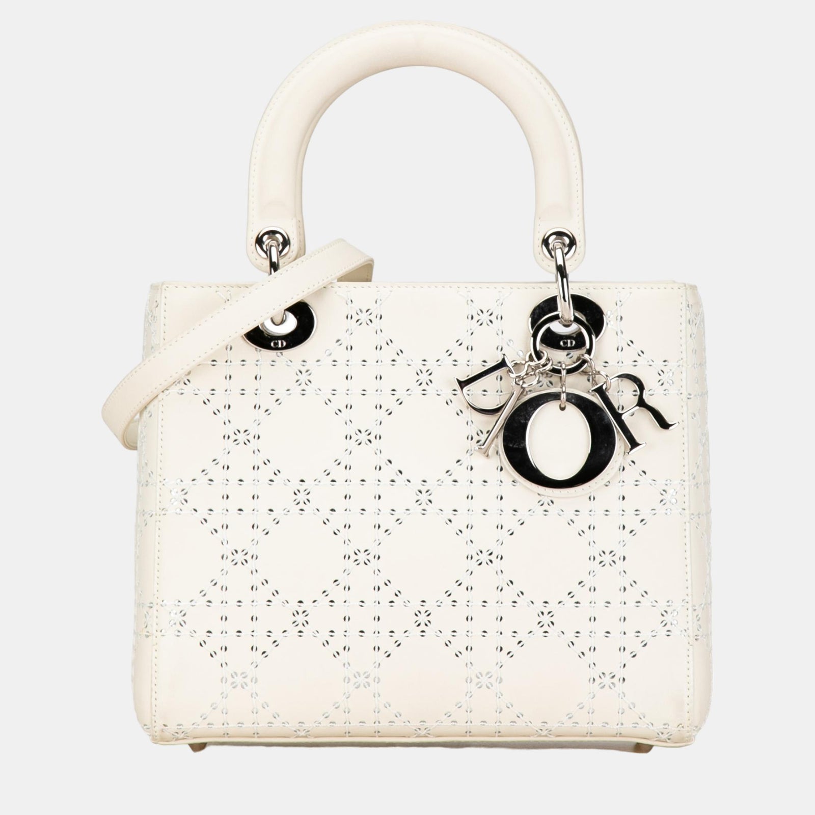 Dior Sac Lady Dior Cannage en cuir de veau perforé blanc de taille moyenne