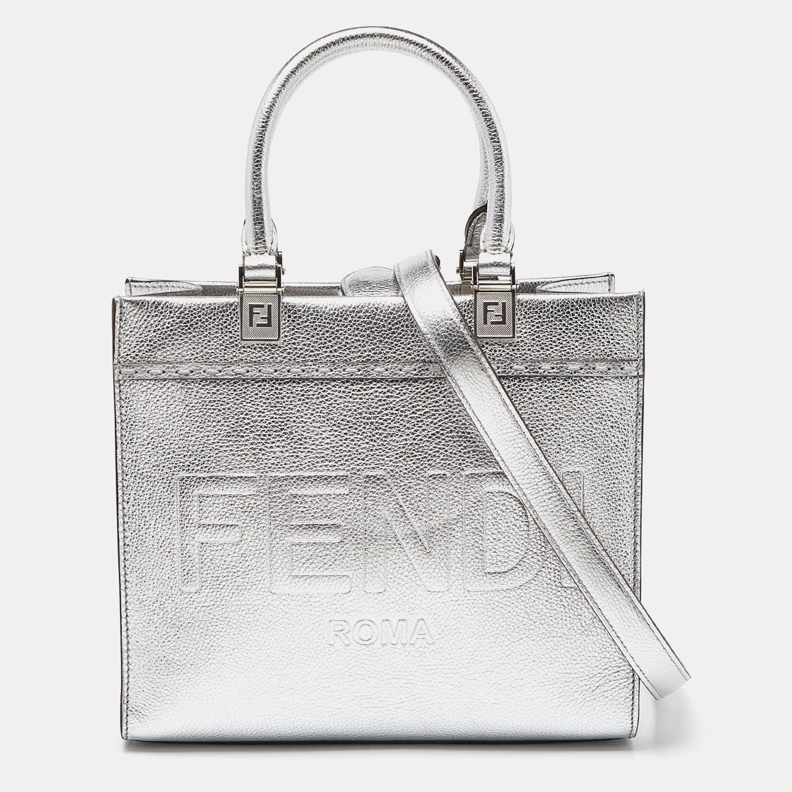 Fendi Silver Laminated Leather Small Sunshine Tote