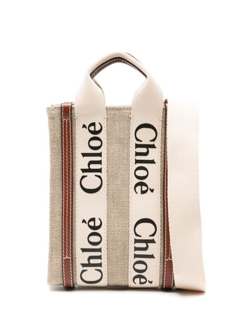 Women's Mini Woody North South Tote Bag in White/Brown | CHC24AP243I26