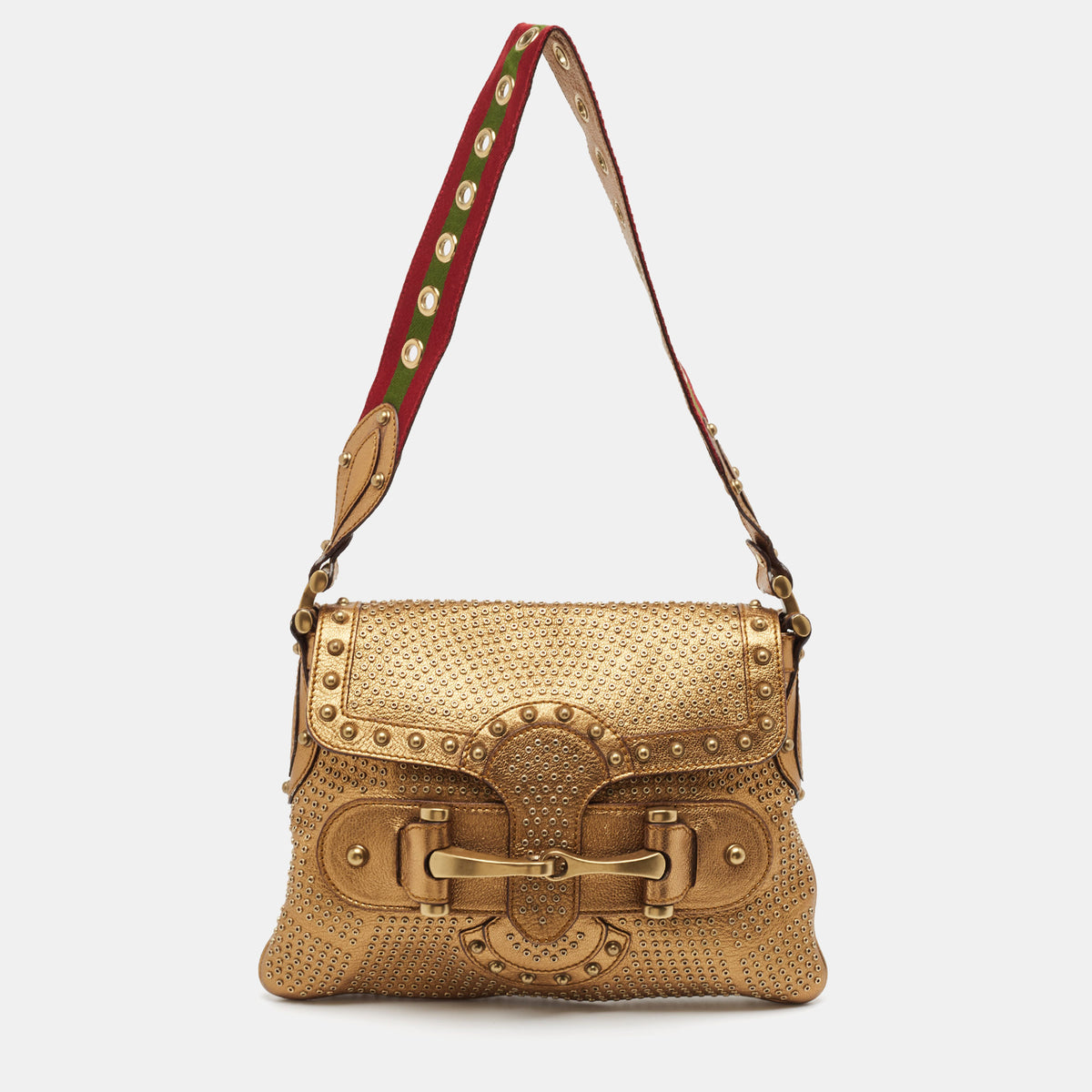 Gucci Gold Leather Studded Pelham Runaway Flap Shoulder Bag