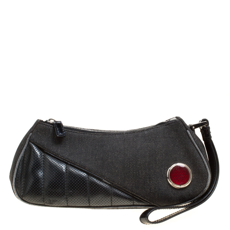 Dior Black Denim and Leather Motorcycle Rockabilly Wristlet Clutch