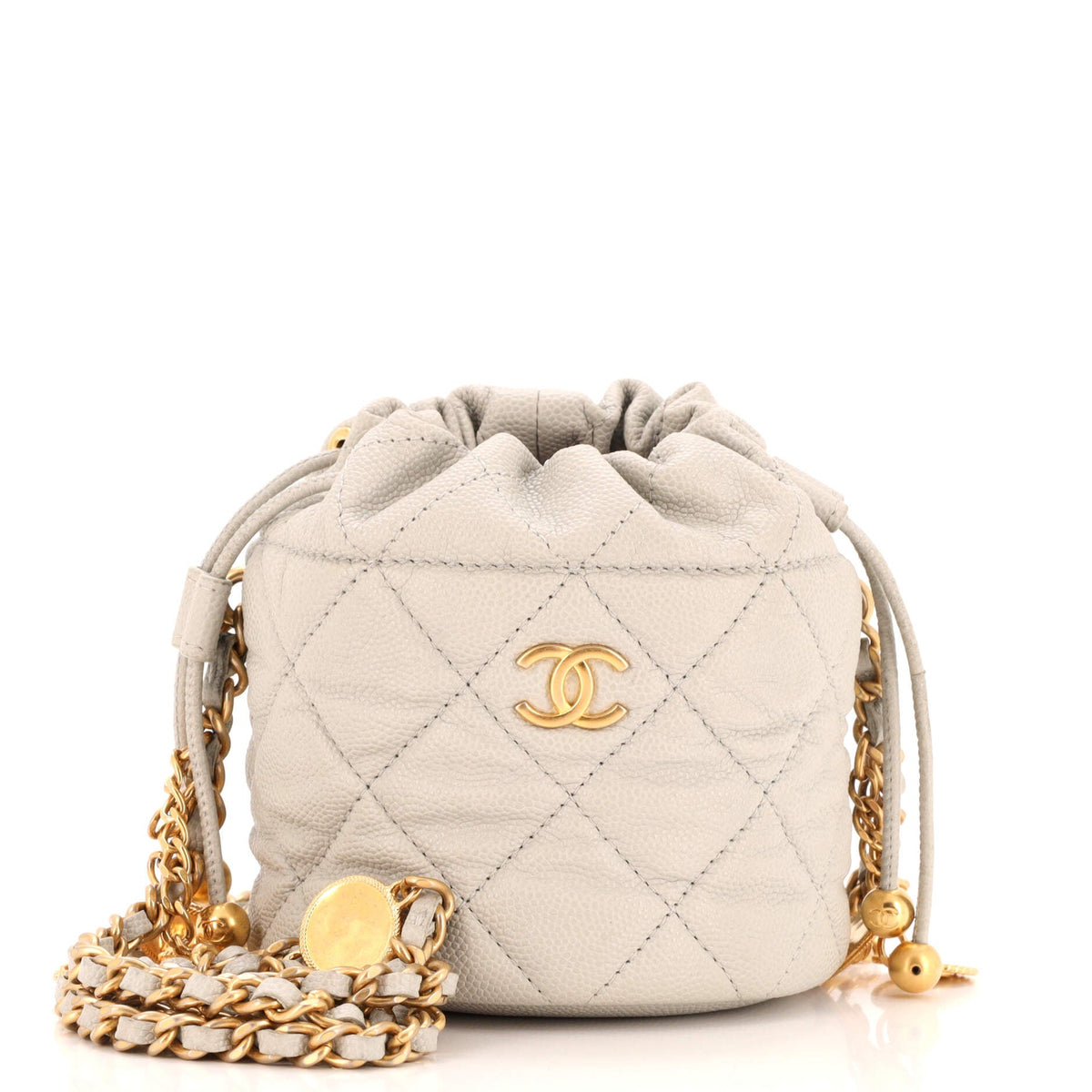 Chanel CHANEL Medallion Charms Drawstring Bucket Bag Quilted Caviar Mini