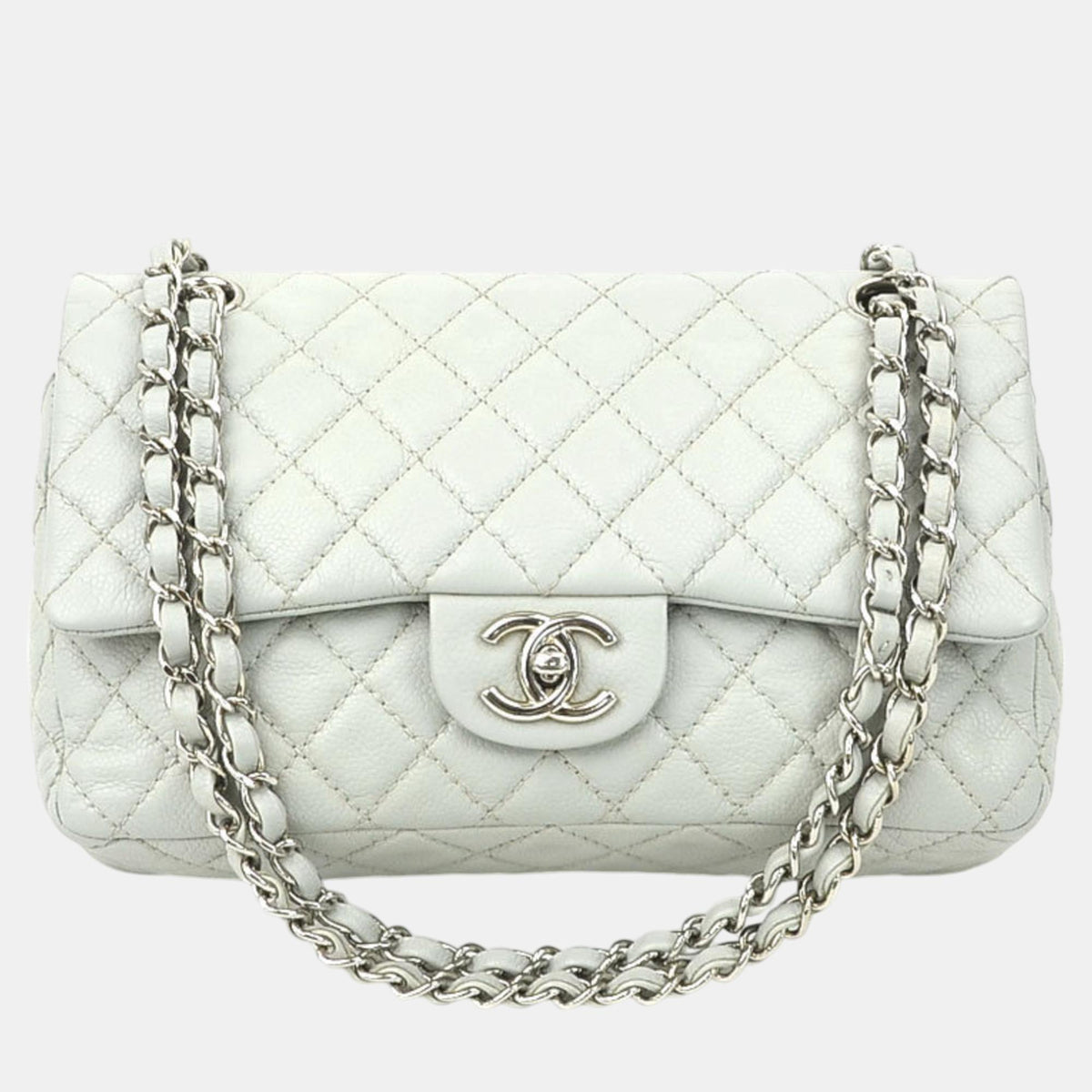 Chanel Light Blue Gray Silver Caviar Skin Leather Matelasse Double Flap Bag