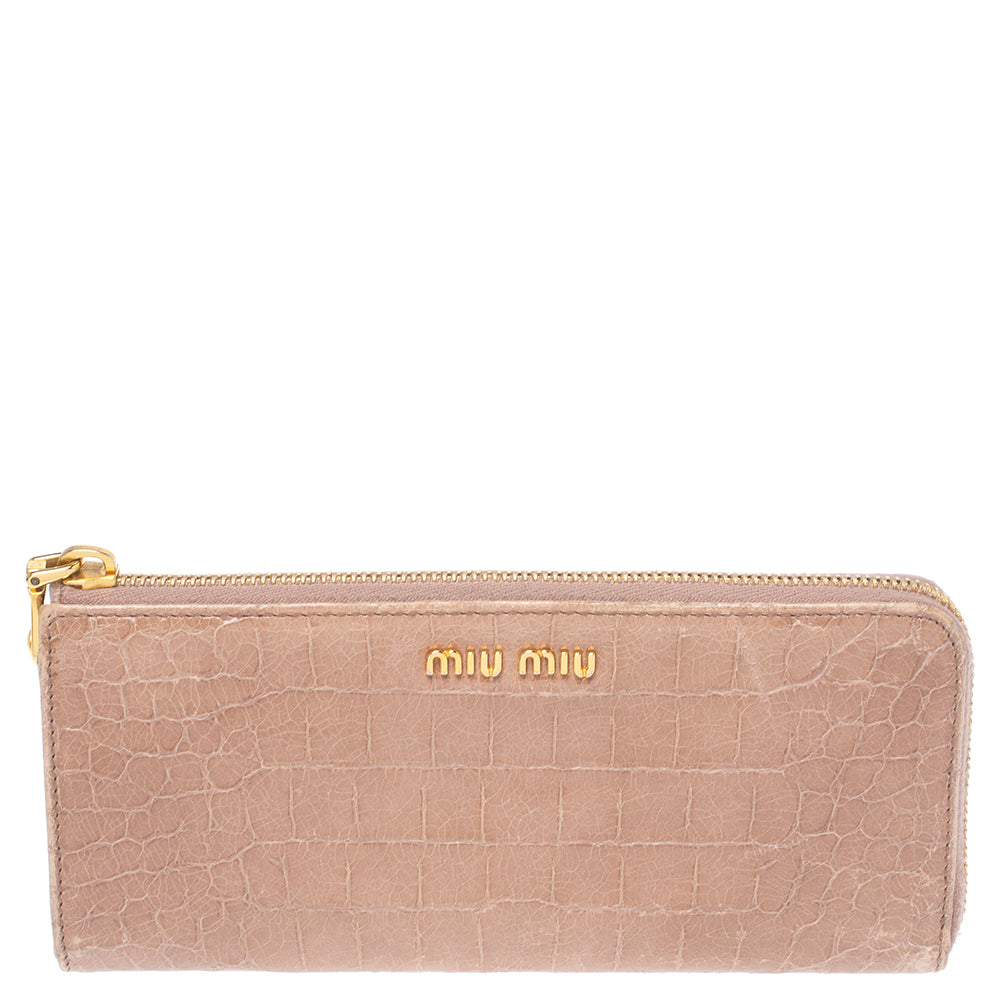 Miu Miu Beige Croc Embossed Patent Leather Zip Around Wallet