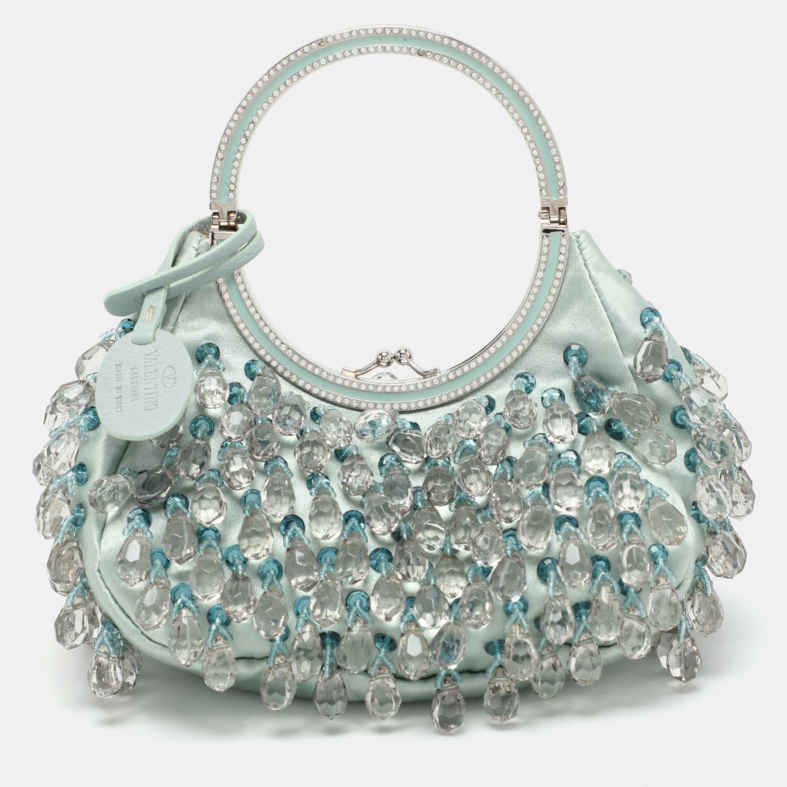 Valentino Blue Satin Embellished Raindrop Evening Satchel