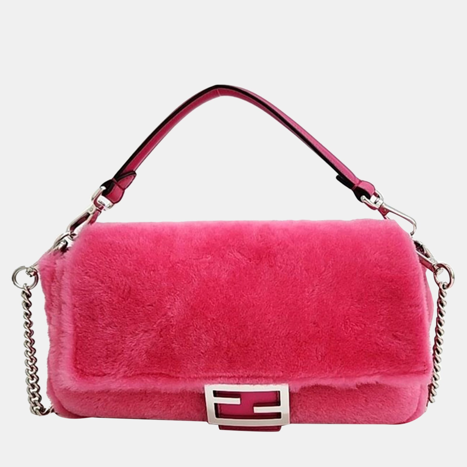 Fendi Pink Fur and Leather Trim Baguette Bag