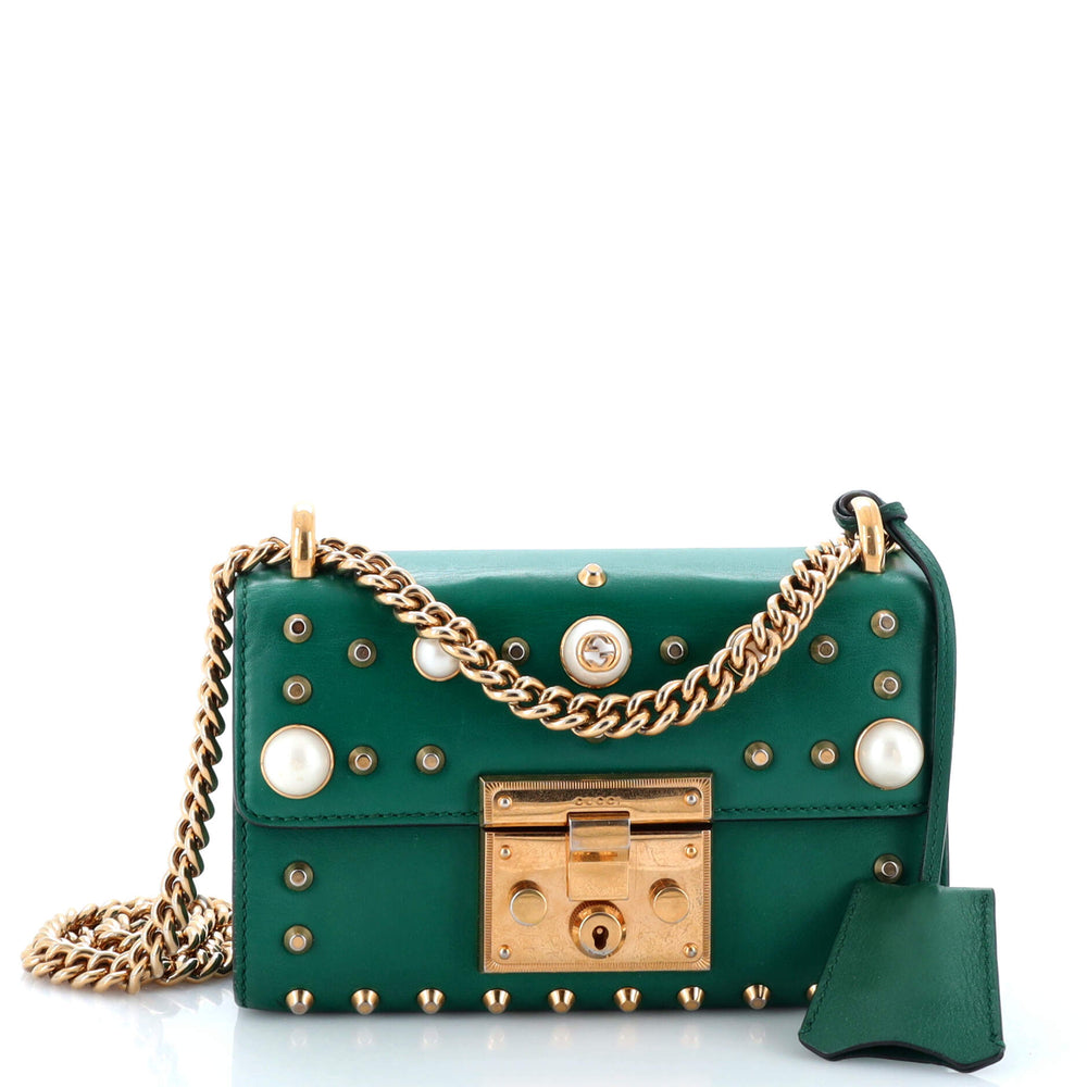 GUCCI Pearly Padlock Shoulder Bag Studded Leather Small