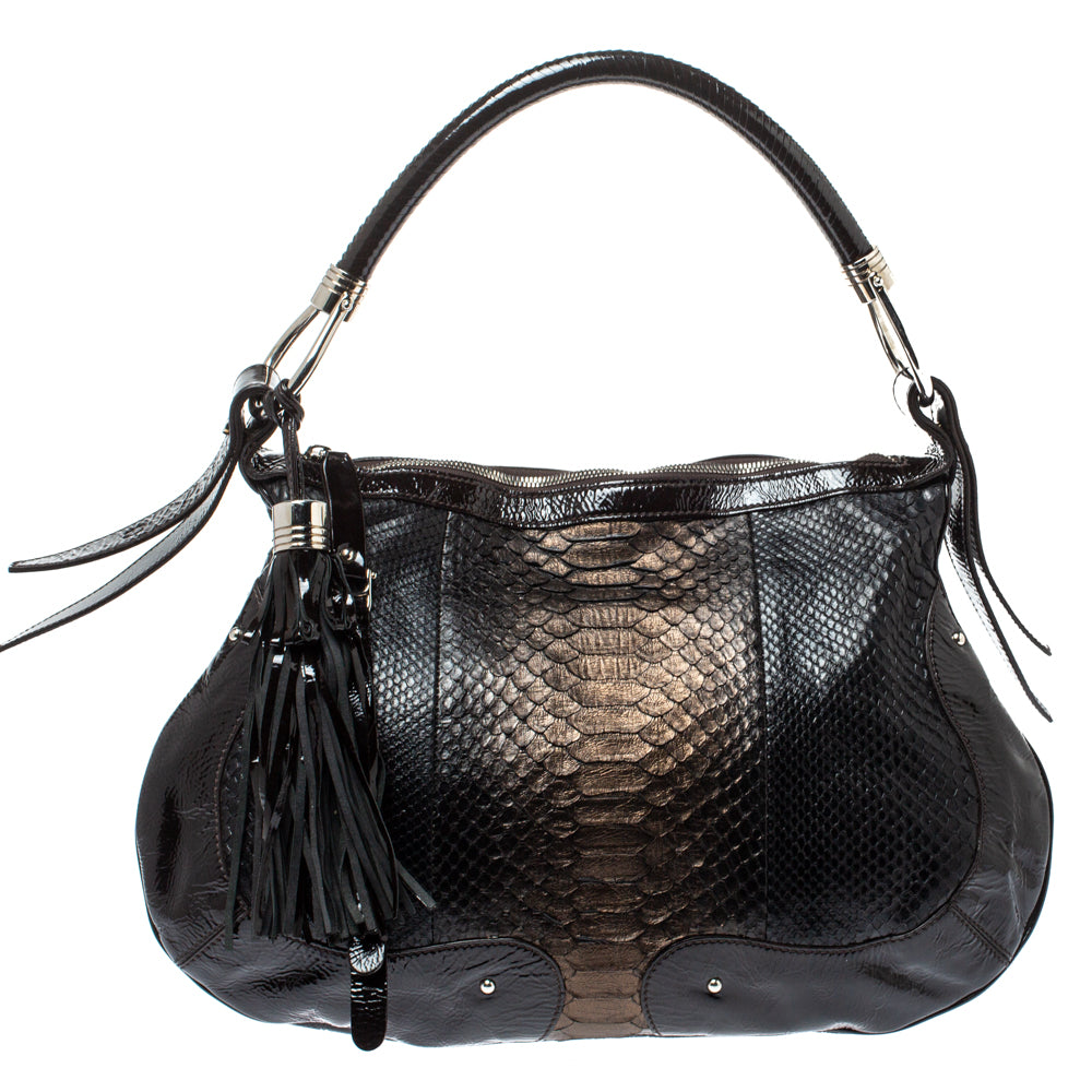 Dark Brown Python and Patent Leather Tassel Hobo