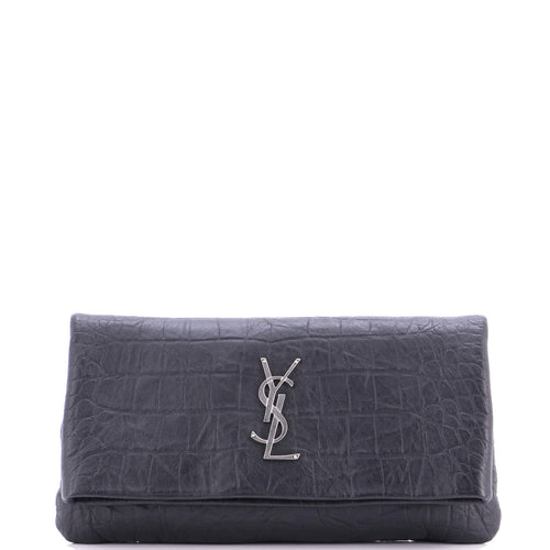 West Hollywood Fold Over Clutch Crocodile Embossed Leather