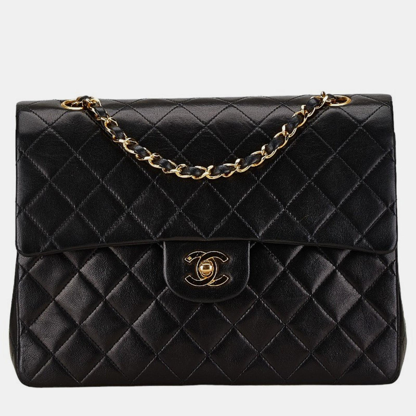 Chanel Klassische mittelgroße Schultertasche aus schwarzem Lammleder mit Doppelklappe