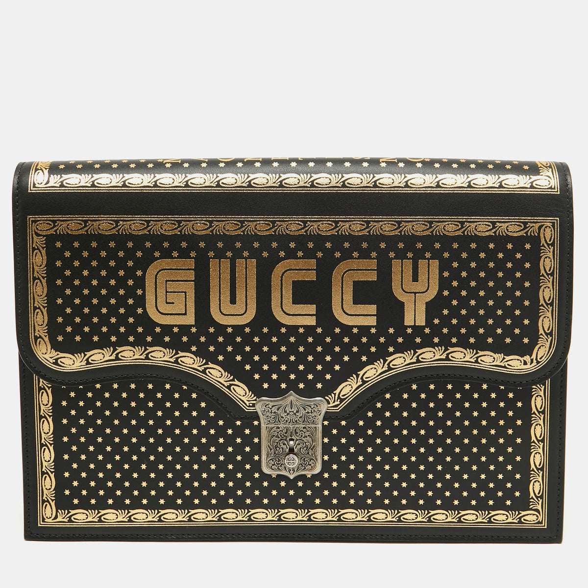 Gucci Black/Gold Leather Printed GUCCY Portfolio Clutch