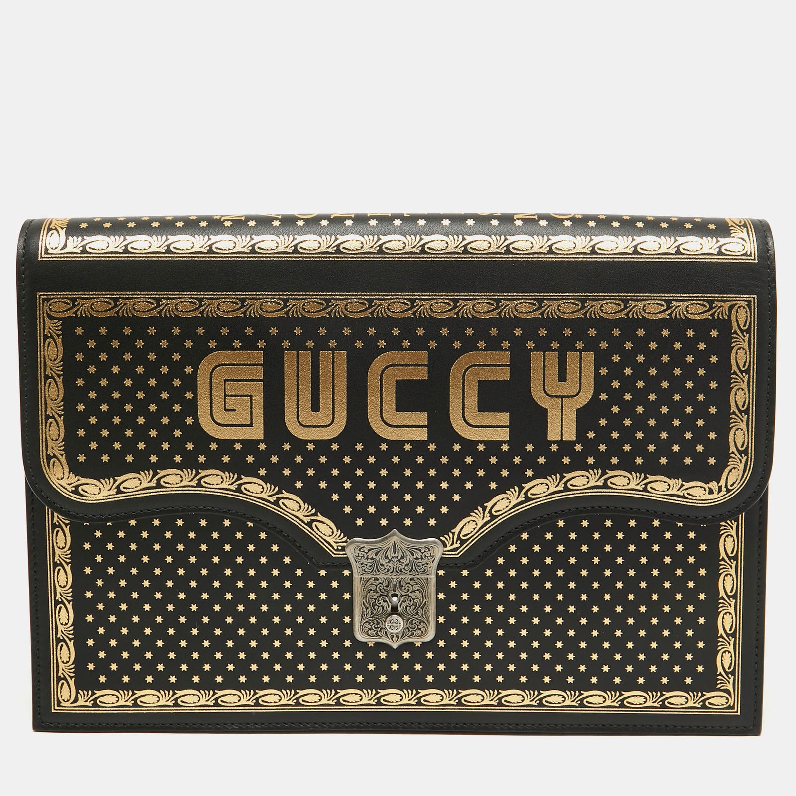 Gucci Schwarze/goldfarbene GUCCY Portfolio-Clutch aus bedrucktem Leder