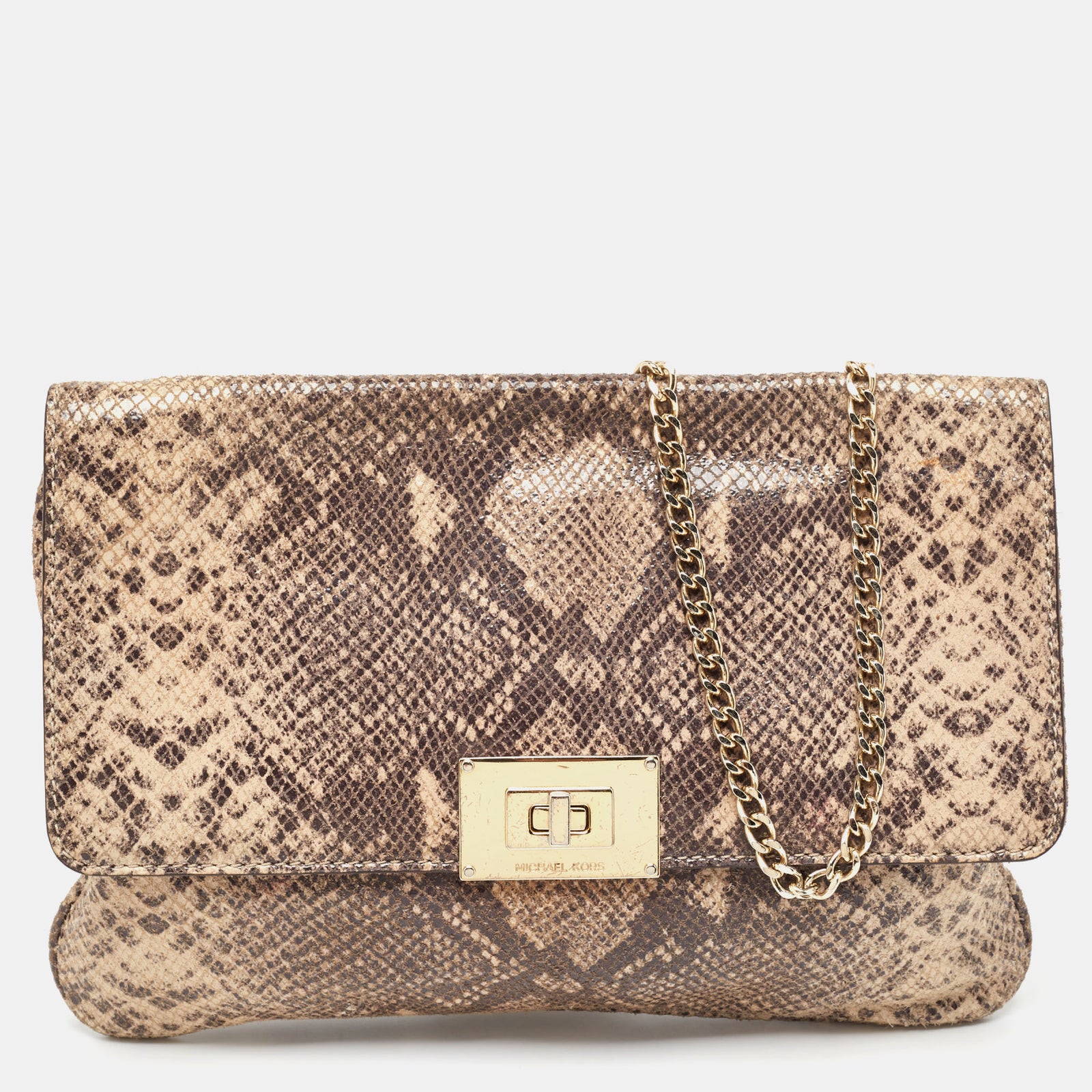 Michael Kors Beige Python Embossed Leather Turnlock Chain Bag