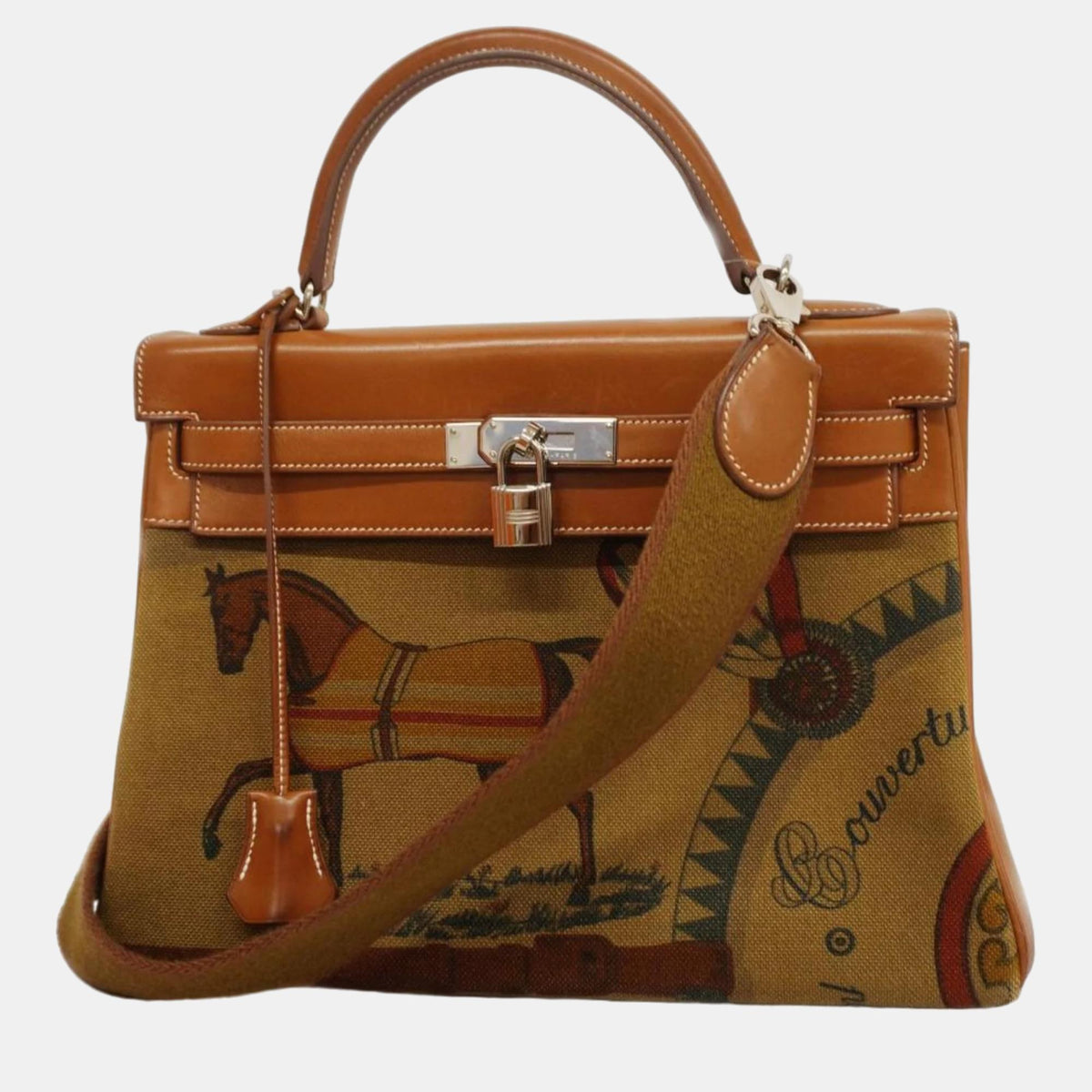 Hermès Barenia Toile Couver Faube Tundra Kelly Engraved Handbag