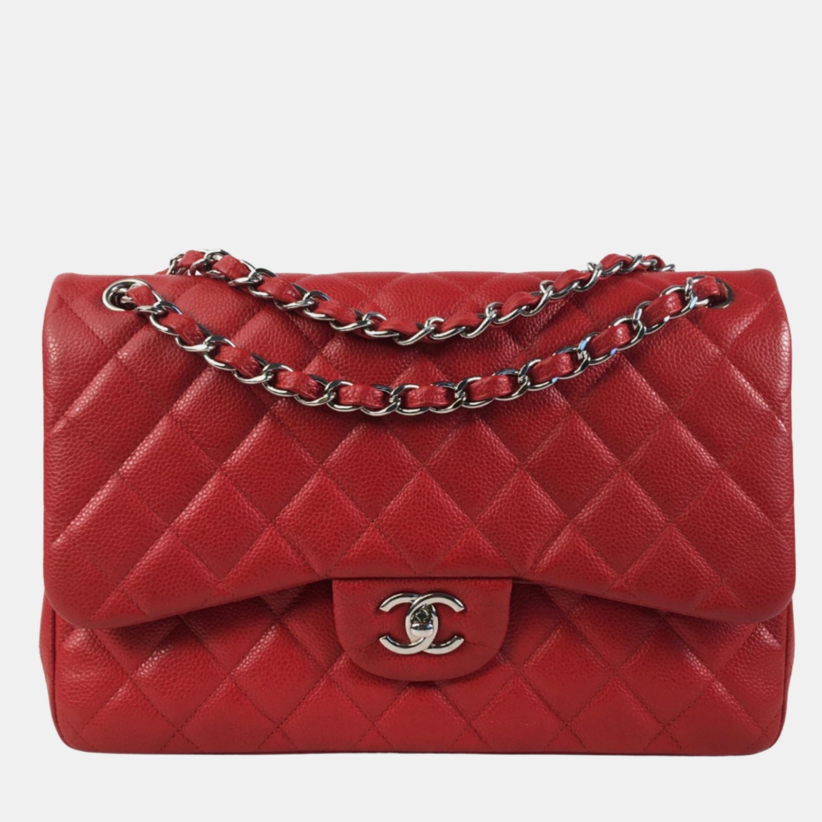 Chanel Red Caviar Leather Jumbo Classic Double Flap Shoulder Bag