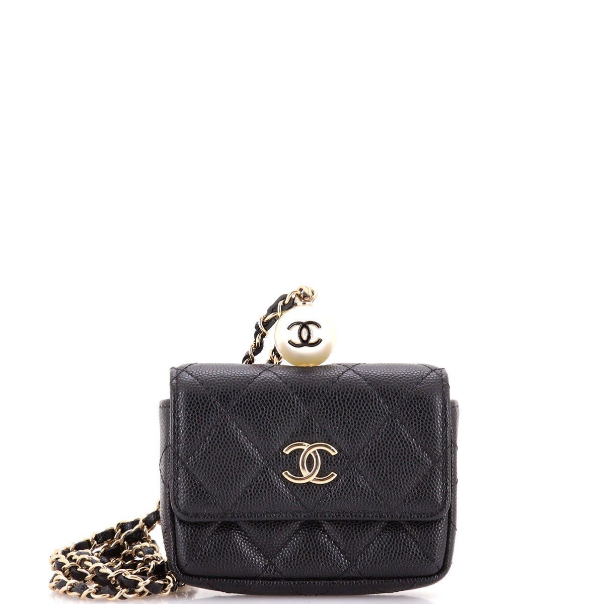 Chanel CHANEL CC Pearl Coin Card Holder with Chain Quilted Caviar