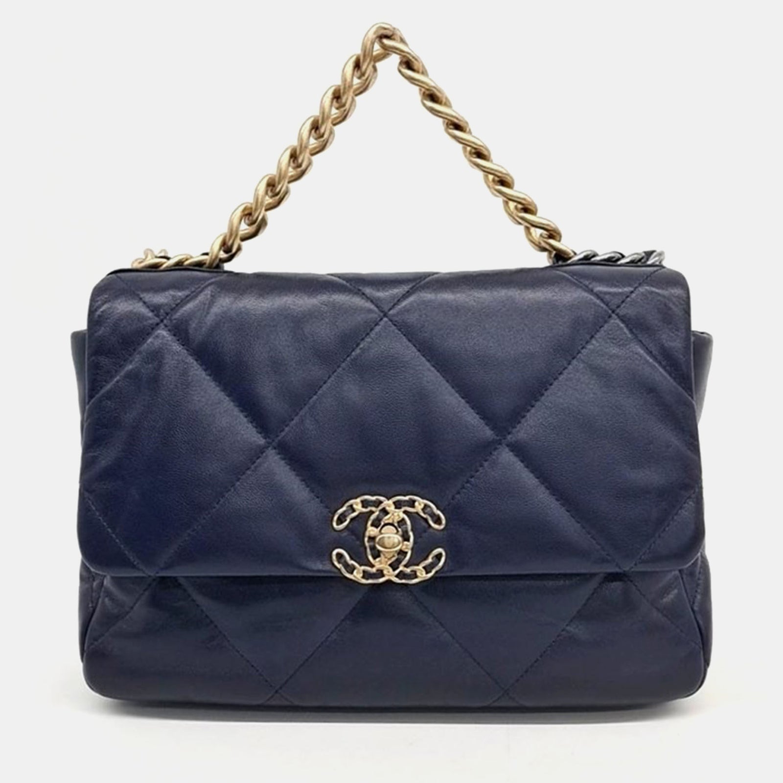 Chanel Große 19-Umhängetasche aus Leder in Marineblau