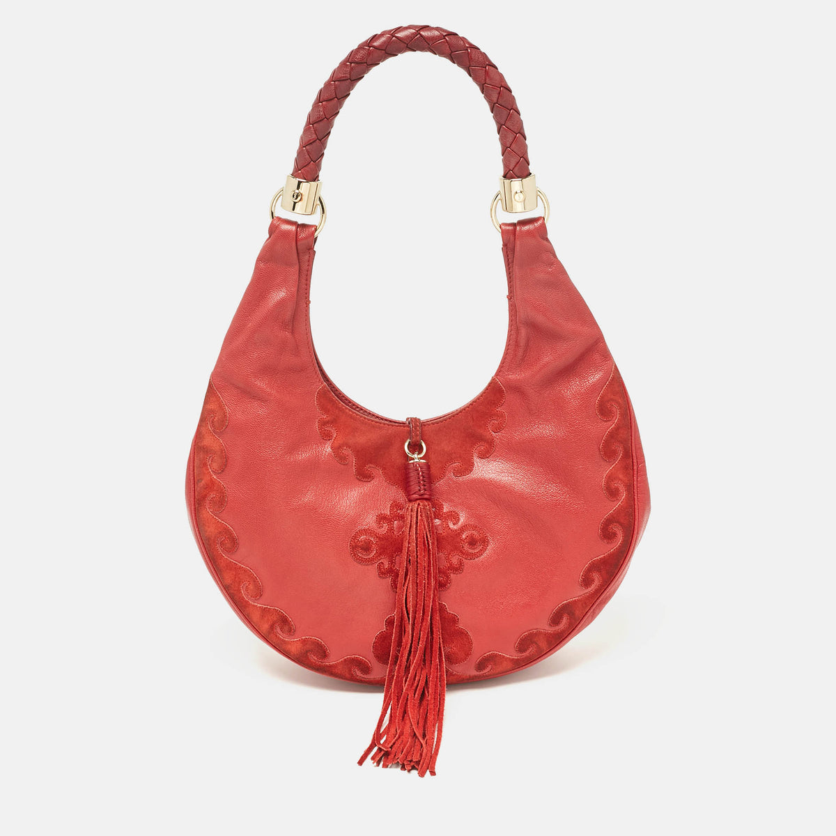 Yves Saint Laurent Paris Red Leather and Suede Rive Gauche Tassel Hobo
