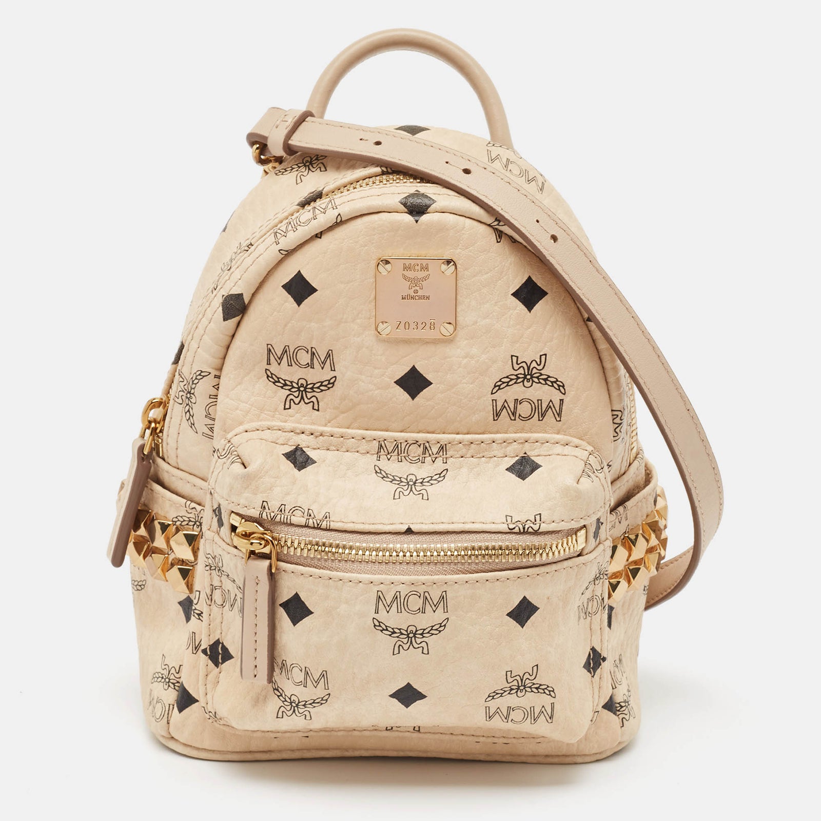 MCM Mini Stark Bebe Boo Rucksack aus beschichtetem Canvas und Leder in Beige mit Visetos