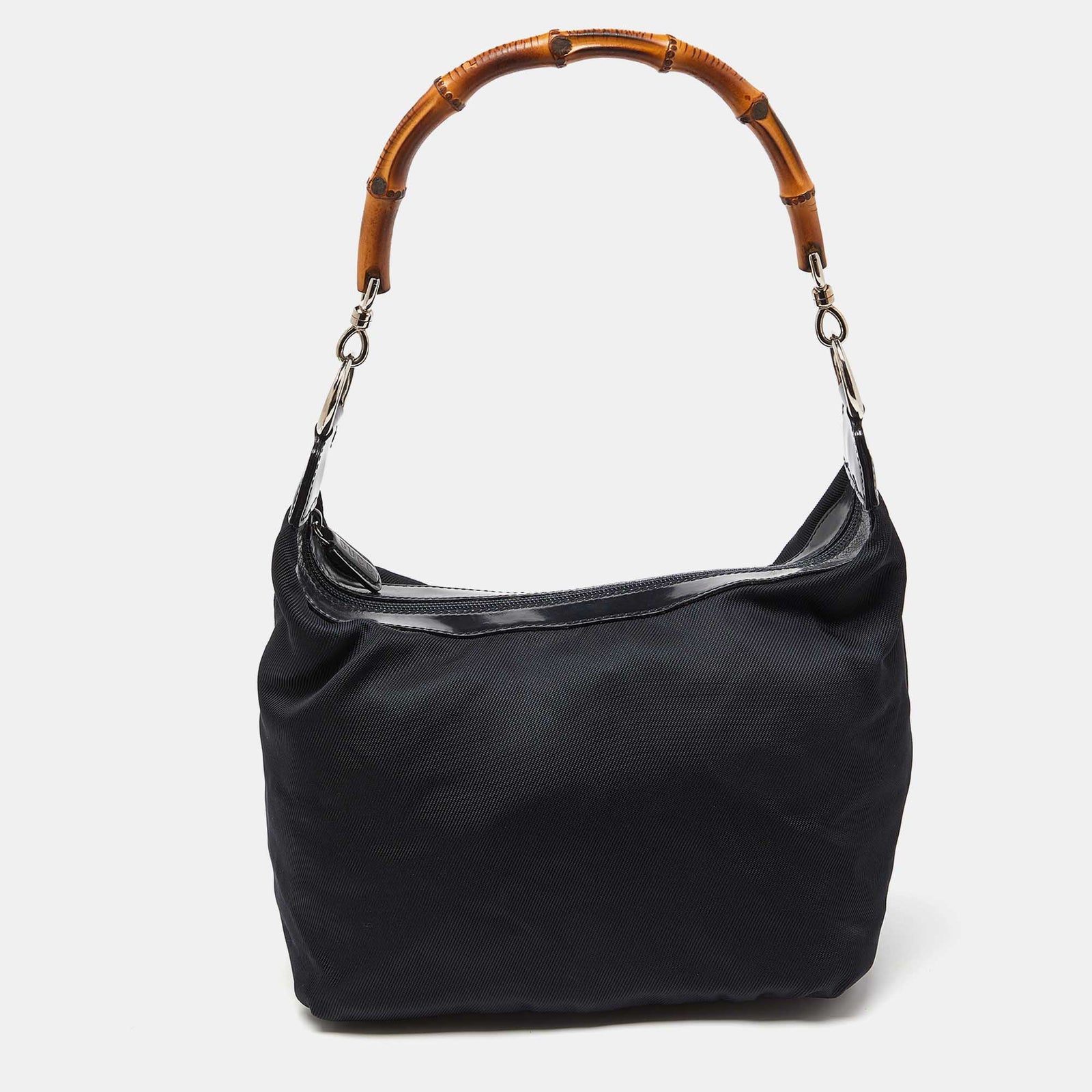 Gucci Black Nylon and Patent Leather Bamboo Handle Bag